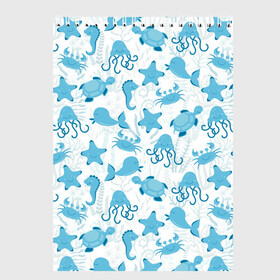 Скетчбук с принтом Морские жители в Тюмени, 100% бумага
 | 48 листов, плотность листов — 100 г/м2, плотность картонной обложки — 250 г/м2. Листы скреплены сверху удобной пружинной спиралью | Тематика изображения на принте: dolphin | дельфин | краб | море | морская звезда | морские | морской конек | осьминог | с дельфином | черепаха