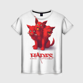 Женская футболка 3D с принтом Hades wolf в Тюмени, 100% полиэфир ( синтетическое хлопкоподобное полотно) | прямой крой, круглый вырез горловины, длина до линии бедер | hades | puppy | red | roguelike | three headed | wolf | бесконечные круги ада | волк | компьютерная игра | красный | трехглавый | щенок