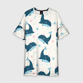 Детское платье 3D с принтом Киты в Тюмени, 100% полиэстер | прямой силуэт, чуть расширенный к низу. Круглая горловина, на рукавах — воланы | whale | белый кит | кит | киты | корабли | кораблики | маяк | морские | паттерн | синий кит | чайки