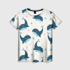 Женская футболка 3D с принтом Киты в Тюмени, 100% полиэфир ( синтетическое хлопкоподобное полотно) | прямой крой, круглый вырез горловины, длина до линии бедер | whale | белый кит | кит | киты | корабли | кораблики | маяк | морские | паттерн | синий кит | чайки