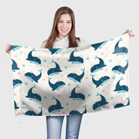 Флаг 3D с принтом Киты в Тюмени, 100% полиэстер | плотность ткани — 95 г/м2, размер — 67 х 109 см. Принт наносится с одной стороны | whale | белый кит | кит | киты | корабли | кораблики | маяк | морские | паттерн | синий кит | чайки