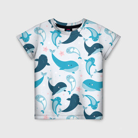 Детская футболка 3D с принтом Киты и тюлени в Тюмени, 100% гипоаллергенный полиэфир | прямой крой, круглый вырез горловины, длина до линии бедер, чуть спущенное плечо, ткань немного тянется | Тематика изображения на принте: whale | белый кит | кит | киты | корабли | кораблики | маяк | морские | паттерн | синий кит | чайки
