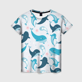 Женская футболка 3D с принтом Киты и тюлени в Тюмени, 100% полиэфир ( синтетическое хлопкоподобное полотно) | прямой крой, круглый вырез горловины, длина до линии бедер | whale | белый кит | кит | киты | корабли | кораблики | маяк | морские | паттерн | синий кит | чайки