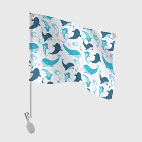 Флаг для автомобиля с принтом Киты и тюлени в Тюмени, 100% полиэстер | Размер: 30*21 см | Тематика изображения на принте: whale | белый кит | кит | киты | корабли | кораблики | маяк | морские | паттерн | синий кит | чайки