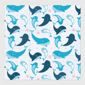 Магнитный плакат 3Х3 с принтом Киты и тюлени в Тюмени, Полимерный материал с магнитным слоем | 9 деталей размером 9*9 см | whale | белый кит | кит | киты | корабли | кораблики | маяк | морские | паттерн | синий кит | чайки