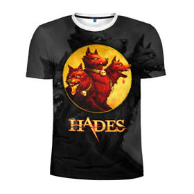 Мужская футболка 3D спортивная с принтом Hades wolf в Тюмени, 100% полиэстер с улучшенными характеристиками | приталенный силуэт, круглая горловина, широкие плечи, сужается к линии бедра | Тематика изображения на принте: hades | roguelike | бесконечные круги ада | волк | компьютерная игра | красный | трехглавый