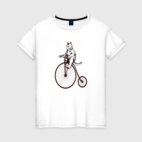 Женская футболка хлопок с принтом Винтажный кот на велосипеде в Тюмени, 100% хлопок | прямой крой, круглый вырез горловины, длина до линии бедер, слегка спущенное плечо | Тематика изображения на принте: art | cat | circus | fat cat | grand b | kitten | kitty | penny farthing | pennyfarthing | retro | vintage | арт | велосипед с большим колесом | винтаж | винтажный рисунок | котик | кошка | пенни фартинг | пеннифартинг | ретро | толстый кот |