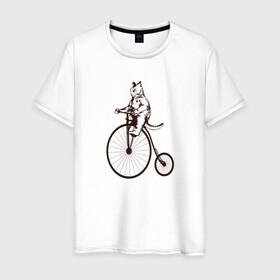 Мужская футболка хлопок с принтом Винтажный кот на велосипеде в Тюмени, 100% хлопок | прямой крой, круглый вырез горловины, длина до линии бедер, слегка спущенное плечо. | art | cat | circus | fat cat | grand b | kitten | kitty | penny farthing | pennyfarthing | retro | vintage | арт | велосипед с большим колесом | винтаж | винтажный рисунок | котик | кошка | пенни фартинг | пеннифартинг | ретро | толстый кот |