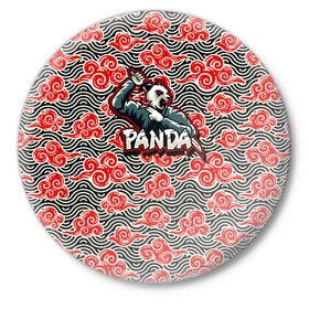 Значок с принтом Панда-ниндзя в Тюмени,  металл | круглая форма, металлическая застежка в виде булавки | Тематика изображения на принте: panda | красные облака | ниндзя | оборотень | панда | япония