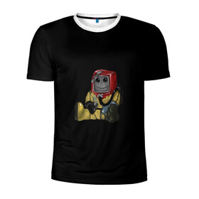 Мужская футболка 3D спортивная с принтом Smiley Hazmat Rust в Тюмени, 100% полиэстер с улучшенными характеристиками | приталенный силуэт, круглая горловина, широкие плечи, сужается к линии бедра | adventure | fun | hazmat | rust | videogame | игра | костюм | позитив | раст | химзащита | химкостюм