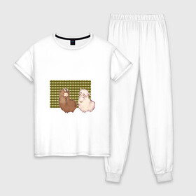 Женская пижама хлопок с принтом Ламы в Тюмени, 100% хлопок | брюки и футболка прямого кроя, без карманов, на брюках мягкая резинка на поясе и по низу штанин | арт | белая | белое животное | лама | ламочка | ламы | пушистая | пушистик | рисунок