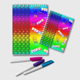 Блокнот с принтом POP it! в Тюмени, 100% бумага | 48 листов, плотность листов — 60 г/м2, плотность картонной обложки — 250 г/м2. Листы скреплены удобной пружинной спиралью. Цвет линий — светло-серый
 | Тематика изображения на принте: pop it | rainbow | simple dimple | toy | игрушка | поп ит | радуга | симпл димпл
