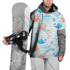 Накидка на куртку 3D с принтом Морские жители в Тюмени, 100% полиэстер |  | Тематика изображения на принте: whale | белый кит | звезда | кит | киты | конек | краб | медуза | морские | осьминог | паттерн | синий кит