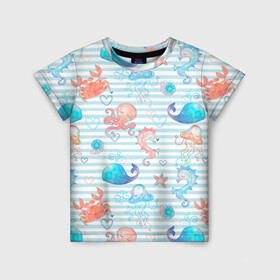 Детская футболка 3D с принтом Морские жители в Тюмени, 100% гипоаллергенный полиэфир | прямой крой, круглый вырез горловины, длина до линии бедер, чуть спущенное плечо, ткань немного тянется | whale | белый кит | звезда | кит | киты | конек | краб | медуза | морские | осьминог | паттерн | синий кит
