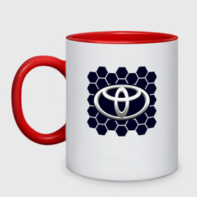 Кружка двухцветная с принтом Toyota - Honeycomb в Тюмени, керамика | объем — 330 мл, диаметр — 80 мм. Цветная ручка и кайма сверху, в некоторых цветах — вся внутренняя часть | auto | camry | corolla | cruiser | land | logo | moto | rav | supra | toyota | авенсис | авто | автомобиль | камри | королла | крузер | ленд | лого | логотип | логотипы | марка | мото | рав | символ | соты | тойота | шильдик