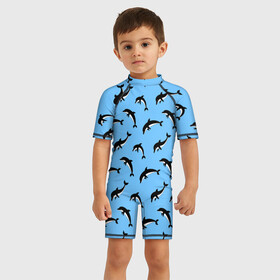 Детский купальный костюм 3D с принтом Дельфины в Тюмени, Полиэстер 85%, Спандекс 15% | застежка на молнии на спине | dolphin | дельфин | дельфины | море | морские | на голубом | с дельфином