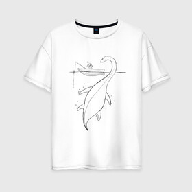 Женская футболка хлопок Oversize с принтом Рыбак и Несси в Тюмени, 100% хлопок | свободный крой, круглый ворот, спущенный рукав, длина до линии бедер
 | клёв | клюет | лодка | монстр | несси | озеро | рыба | рыбак | рыбалка | сон | удочка | чудовище