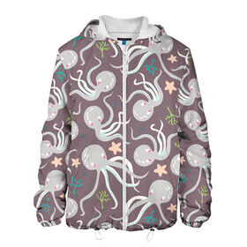 Мужская куртка 3D с принтом Осьминоги в Тюмени, ткань верха — 100% полиэстер, подклад — флис | прямой крой, подол и капюшон оформлены резинкой с фиксаторами, два кармана без застежек по бокам, один большой потайной карман на груди. Карман на груди застегивается на липучку | cute | octopus | милый | морское | осьминог | осьминожка | паттерн | тентакли | щупальца