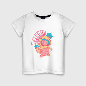 Детская футболка хлопок с принтом Аниме в костюме динозаврика в Тюмени, 100% хлопок | круглый вырез горловины, полуприлегающий силуэт, длина до линии бедер | aaw | anime | cute | dino | girl | japan | japanese | kawaii | manga | vector | вектор | девочка | детский рисунок | динозаврик | динозаврики | для ребёнка | кавайи | костюм динозавра | малыш | мальчик | милота | милый динозаврик