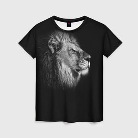 Женская футболка 3D с принтом Царь Зверей в Тюмени, 100% полиэфир ( синтетическое хлопкоподобное полотно) | прямой крой, круглый вырез горловины, длина до линии бедер | animal | lion | лев | профиль | черно белый