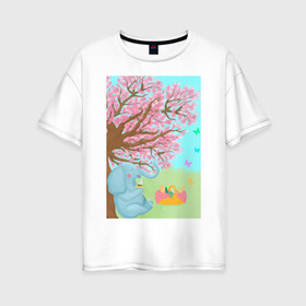 Женская футболка хлопок Oversize с принтом слоненок на пикнике в Тюмени, 100% хлопок | свободный крой, круглый ворот, спущенный рукав, длина до линии бедер
 | бабочки | весна | дерево | животное | зеленый | корзина | кофе | лето | листья.детская иллюстрация | небо | отдых | рисунок | розовый | сакура | слон | слоненок | фрукты | чай