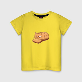 Детская футболка хлопок с принтом Кот хлеб - Bread Cat в Тюмени, 100% хлопок | круглый вырез горловины, полуприлегающий силуэт, длина до линии бедер | Тематика изображения на принте: kitten | kitty | meme | memes | puss | pussy | pussycat | батон | булка | булочка | киса | киска | кисуля | кот из мема | котёнок | котик | котята | кошка | мем | мемас | мемчик | не еш подумой | не ешь подумай | нееште меня | 