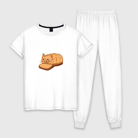 Женская пижама хлопок с принтом Кот хлеб - Bread Cat в Тюмени, 100% хлопок | брюки и футболка прямого кроя, без карманов, на брюках мягкая резинка на поясе и по низу штанин | Тематика изображения на принте: kitten | kitty | meme | memes | puss | pussy | pussycat | батон | булка | булочка | киса | киска | кисуля | кот из мема | котёнок | котик | котята | кошка | мем | мемас | мемчик | не еш подумой | не ешь подумай | нееште меня | 