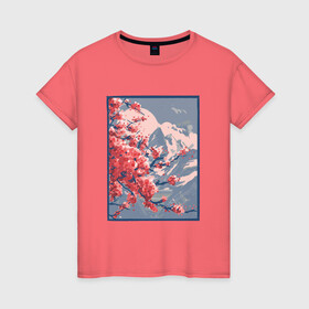 Женская футболка хлопок с принтом Цветение Сакуры на фоне Фудзи в Тюмени, 100% хлопок | прямой крой, круглый вырез горловины, длина до линии бедер, слегка спущенное плечо | Тематика изображения на принте: cherry blossom | fuji | japan | japanese | landscape | painting | plum | sakura | вишня в цвету | гора фудзи | горный пейзаж | живопись | искусство | картина | краска | краски | настоящая картина | пейзаж | рисунок | сакура | слива