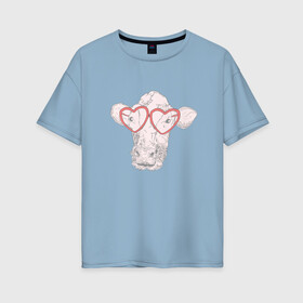 Женская футболка хлопок Oversize с принтом Корова в очках сердечках в Тюмени, 100% хлопок | свободный крой, круглый ворот, спущенный рукав, длина до линии бедер
 | art | cow | fashion | funny | hearts | hearе | love | moo | арт | иллюстрация | корова в очках сердечками | корова в смешных очках | любовь | мода | модная корова | му му | муму | прикол | смешная корова | смешные очки