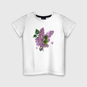 Детская футболка хлопок с принтом СИРЕНЬ АКВАРЕЛЬЮ в Тюмени, 100% хлопок | круглый вырез горловины, полуприлегающий силуэт, длина до линии бедер | акварель | акварельные | акварелью | бабочки | букет | букет из цветов | летние цветы | сиреневые цветы | сирень | цветы