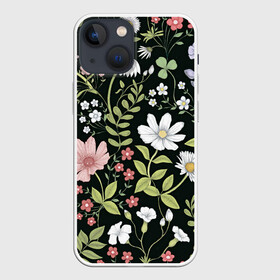 Чехол для iPhone 13 mini с принтом Полевые цветы в Тюмени,  |  | арт | ночь | поле | полевые цветы | рисунок | ромашка | ромашки | тёмный фон | цветок | цветы | чёрное | яркие цветы | яркий цветок