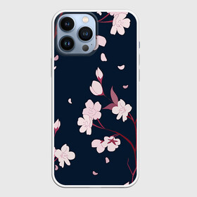 Чехол для iPhone 13 Pro Max с принтом Веточки сакуры в Тюмени,  |  | Тематика изображения на принте: арт | ветка | ветки | веточка | веточки | ночь | рисунок | розовые бутоны | розовые цветы | сакура | тёмный фон | цветение | цветение вишни | цветок | цветы | цветы вишни | чёрное | яркие цветы