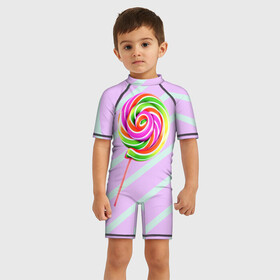 Детский купальный костюм 3D с принтом Леденец графический фон в Тюмени, Полиэстер 85%, Спандекс 15% | застежка на молнии на спине | геометрический принт | графический принт | лавандовый | леденец | летний | лето | мятный | полоска | принт