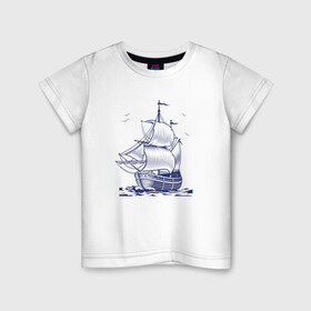 Детская футболка хлопок с принтом Корабль в Тюмени, 100% хлопок | круглый вырез горловины, полуприлегающий силуэт, длина до линии бедер | ships | whale | кит | киты | корабли | кораблики | корабль | море | морские | морское | паруса | чайки
