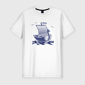 Мужская футболка хлопок Slim с принтом Парусная лодка в Тюмени, 92% хлопок, 8% лайкра | приталенный силуэт, круглый вырез ворота, длина до линии бедра, короткий рукав | sailboat | викинги | кораблик | корабль | лодка | парус | парусная лодка | тату | татуировка
