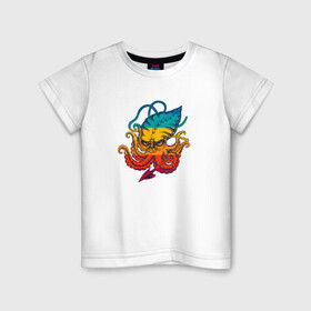 Детская футболка хлопок с принтом Ктулху цветной в Тюмени, 100% хлопок | круглый вырез горловины, полуприлегающий силуэт, длина до линии бедер | king | kraken | octopus | корона | кракен | ктулху | море | морские | морское | осьминог | щупальца