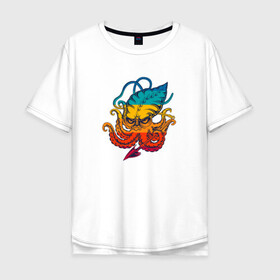 Мужская футболка хлопок Oversize с принтом Ктулху цветной в Тюмени, 100% хлопок | свободный крой, круглый ворот, “спинка” длиннее передней части | king | kraken | octopus | корона | кракен | ктулху | море | морские | морское | осьминог | щупальца