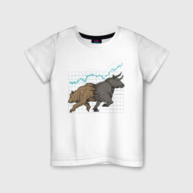 Детская футболка хлопок с принтом Бык или Медведь в Тюмени, 100% хлопок | круглый вырез горловины, полуприлегающий силуэт, длина до линии бедер | Тематика изображения на принте: bulls | акции | банк | бык | инвестиции | медведь | тинькофф