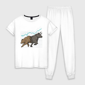 Женская пижама хлопок с принтом Бык или Медведь в Тюмени, 100% хлопок | брюки и футболка прямого кроя, без карманов, на брюках мягкая резинка на поясе и по низу штанин | bulls | акции | банк | бык | инвестиции | медведь | тинькофф