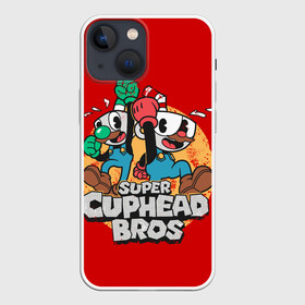 Чехол для iPhone 13 mini с принтом Super Cuphead Bros в Тюмени,  |  | arkade | cup head | cuphead | game | games | mario | аркада | игра | игры | кап хэд | капхед | купа хэд | марио | сгз руфв | сгзруфв | чашкоголовый