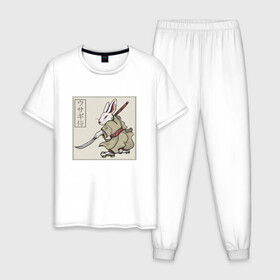 Мужская пижама хлопок с принтом Кролик Самурай Rabbit Samurai в Тюмени, 100% хлопок | брюки и футболка прямого кроя, без карманов, на брюках мягкая резинка на поясе и по низу штанин
 | Тематика изображения на принте: art | cyberpunk samurai | ninja | oni | rdsmry | ronin | samurai | shogun | ukiyo e | арт | живопись | животные | заяц | киберпанк самурай | мерч | прикол | путь воина | путь самурая | ронин | сёгун | токио | укиё э | фреска | харакири