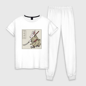 Женская пижама хлопок с принтом Кролик Самурай Rabbit Samurai в Тюмени, 100% хлопок | брюки и футболка прямого кроя, без карманов, на брюках мягкая резинка на поясе и по низу штанин | art | cyberpunk samurai | ninja | oni | rdsmry | ronin | samurai | shogun | ukiyo e | арт | живопись | животные | заяц | киберпанк самурай | мерч | прикол | путь воина | путь самурая | ронин | сёгун | токио | укиё э | фреска | харакири