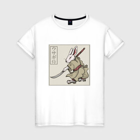 Женская футболка хлопок с принтом Кролик Самурай Rabbit Samurai в Тюмени, 100% хлопок | прямой крой, круглый вырез горловины, длина до линии бедер, слегка спущенное плечо | art | cyberpunk samurai | ninja | oni | rdsmry | ronin | samurai | shogun | ukiyo e | арт | живопись | животные | заяц | киберпанк самурай | мерч | прикол | путь воина | путь самурая | ронин | сёгун | токио | укиё э | фреска | харакири