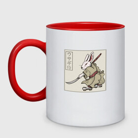 Кружка двухцветная с принтом Кролик Самурай Rabbit Samurai в Тюмени, керамика | объем — 330 мл, диаметр — 80 мм. Цветная ручка и кайма сверху, в некоторых цветах — вся внутренняя часть | art | cyberpunk samurai | ninja | oni | rdsmry | ronin | samurai | shogun | ukiyo e | арт | живопись | животные | заяц | киберпанк самурай | мерч | прикол | путь воина | путь самурая | ронин | сёгун | токио | укиё э | фреска | харакири