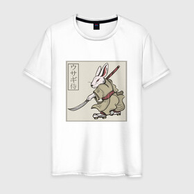 Мужская футболка хлопок с принтом Кролик Самурай Rabbit Samurai в Тюмени, 100% хлопок | прямой крой, круглый вырез горловины, длина до линии бедер, слегка спущенное плечо. | art | cyberpunk samurai | ninja | oni | rdsmry | ronin | samurai | shogun | ukiyo e | арт | живопись | животные | заяц | киберпанк самурай | мерч | прикол | путь воина | путь самурая | ронин | сёгун | токио | укиё э | фреска | харакири