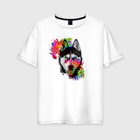 Женская футболка хлопок Oversize с принтом собака с торчащими ушами в Тюмени, 100% хлопок | свободный крой, круглый ворот, спущенный рукав, длина до линии бедер
 | белый | добрый | красивый | краски | собака | хаски | цвет | цветной | черный
