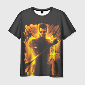 Мужская футболка 3D с принтом Jensen in fire в Тюмени, 100% полиэфир | прямой крой, круглый вырез горловины, длина до линии бедер | cyberpunk | deus ex | game | games | адам дженсен | будущее | деус екс | деус экс | игра | игры | киберпанк