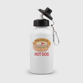 Бутылка спортивная с принтом Delicious Hot Dog в Тюмени, металл | емкость — 500 мл, в комплекте две пластиковые крышки и карабин для крепления | burgers | delicious | hot dog | вредная еда | еда