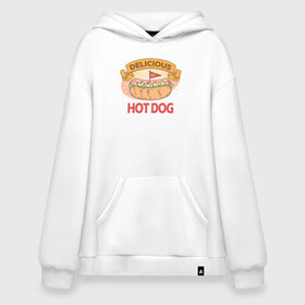 Худи SuperOversize хлопок с принтом Delicious Hot Dog в Тюмени, 70% хлопок, 30% полиэстер, мягкий начес внутри | карман-кенгуру, эластичная резинка на манжетах и по нижней кромке, двухслойный капюшон
 | Тематика изображения на принте: burgers | delicious | hot dog | вредная еда | еда