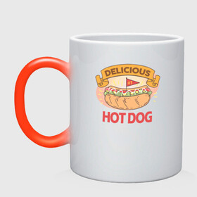 Кружка хамелеон с принтом Delicious Hot Dog в Тюмени, керамика | меняет цвет при нагревании, емкость 330 мл | Тематика изображения на принте: burgers | delicious | hot dog | вредная еда | еда